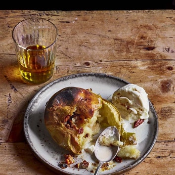 Bramley apples filled with cinnamon, brown sugar, pecans and sultanas